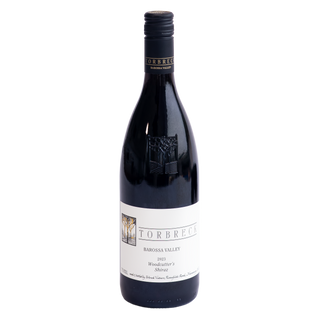 A bottle of Torbreck Barossa Valley 2023 Woodcutter's Shiraz red wine, featuring a dark glass bottle with a white label and black screw cap, isolated on a white background.