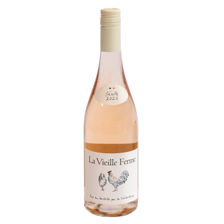 A bottle of La Vieille Ferme rosé wine with pale pink liquid, a cream-colored screw cap, and a white label featuring a rooster illustration, set against a plain white background.
