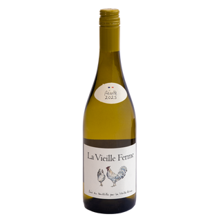 A bottle of La Vieille Ferme white wine Pecolte  with a white label featuring chicken illustrations, a gold foil cap, and a small 2025 award sticker, set against a plain white background.