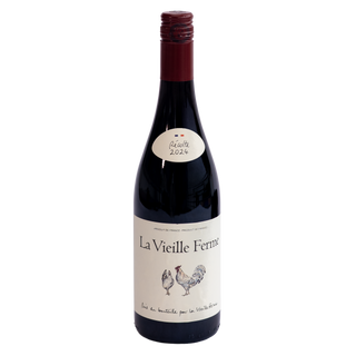 A bottle of La Vieille Ferme red wine Pecolte with a cream-colored label, featuring a rooster illustration and a 2024 vintage seal, set against a plain white background.