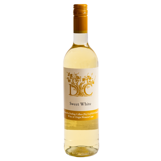 A bottle of DC Sweet White wine by Darling Cellars with a cream label and gold foil cap, set against a plain white background.